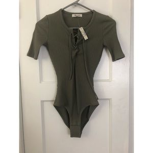 Madewell Women's Green Lace Up Neckline Short Sleeve Body Suit Size XS NWT $49